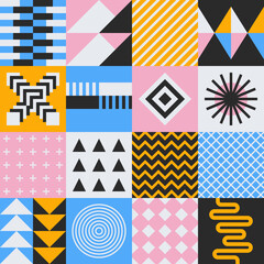 An unusual popular geometric pattern in modern design. Creative abstract background for business and design ideas. Free vector. Geometry circle square cross line zig zag triangle. Art graphic mural. - 396516343