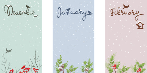 Set -- Wallpaper with floral decor. Vector illustration, background for calendar -- December, January, February.