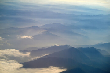 View from the plane on a mountain range
