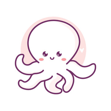 Cute Octopus Baby Icon. Trendy Vector Sea Kid Character for your Design of Stickers, T-Shirt, Card, Cover, Notebook. Kawaii Vector on Blue Bubble Background. Little Octopus Girl and Boy.