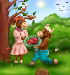 Cute Cartoon bull and cow with flowers in forest. Fantasy art illustration