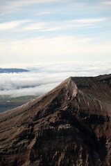 Kamchatka. Gorely Volcano (Burnt Volcano). Sharp mountain ridge at the edge of the volcano crater....