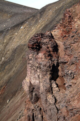 Kamchatka. Gorely Volcano (Burnt Volcano). Colorful wall of the volcano crater. Red rock in the crater of a volcano. Archive photo, 2008