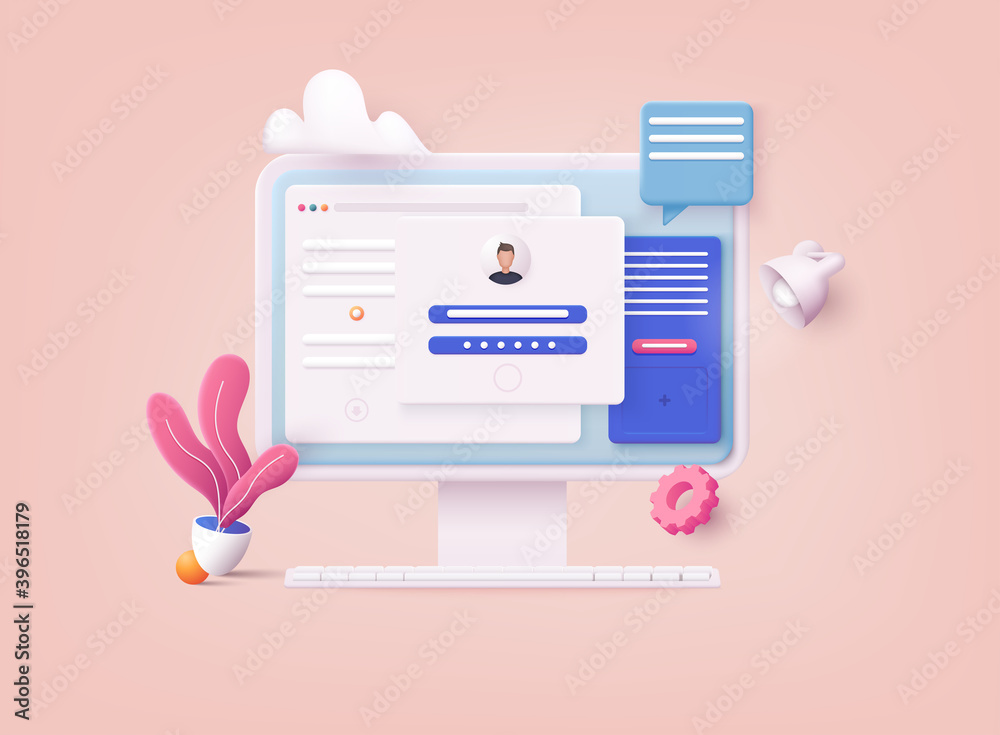Poster 3d web vector illustrations. computer and account login and password form page on screen. sign in to