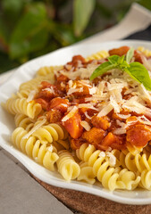 pasta with tomato sauce veggie bolognese and basil