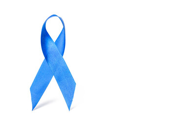 Men cancer. Awareness of men health in November with blue prostate cancer ribbon isolated on white background. Adrenocortical carcinoma concept.