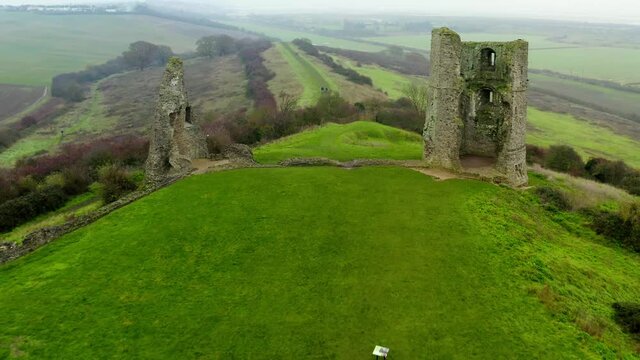 Aerial Hadleigh Castle Flying backwards through towers showing hikers DJI Mavic 2 Pro 4K