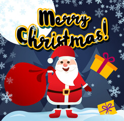 Dark Illustration Merry Christmas. Santa Claus on the roof with a bag of gifts, on the background of the night forest. Winter and white snowflakes.