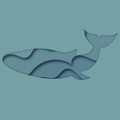 cut paper blue whale, background in paper style abstract, illustration