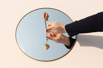 Dried pink rose in a the middle of a tray