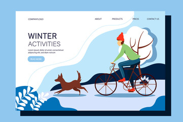 Man riding a bicycle with a dog in the park. The concept of an active lifestyle, outdoor activities. Vector winter illustration in a flat style.