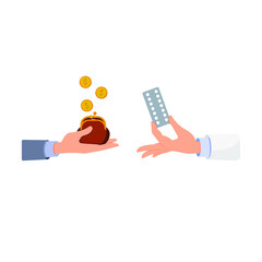 A hand in a white coat holds a package of pills. A hand in a suit holds a purse with coins. Concept: buying, selling drugs, pharmacy, cost of drugs. Vector illustration, flat cartoon design, isolated.