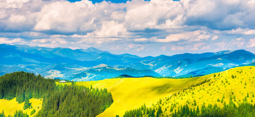 Green sunny valley in mountains and hills. Nature landscape panorama © Pavlo Vakhrushev