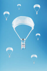 Ampoules with a vaccine against coronavirus infection and viruses dropped by parachute from a protective mask on a blue background.