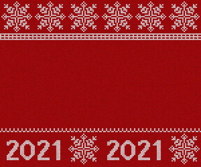 2021 and snowflakes - knitted sweater New Year's pattern. Red knitted winter jumper texture, white snowflakes and 2021 inscriptions. Template with free space in center. Seamless pattern for background