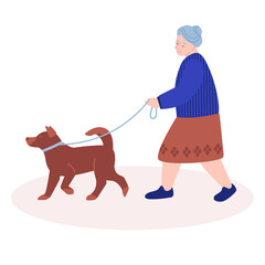 An elderly woman walks the dog. Vector illustration in flat style. Isolated on white.
