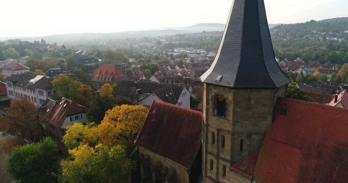 Panorama view from dlying copter over the beautiful rustic city Weinsberg in Heilbronn district in Germany. 4k footage.