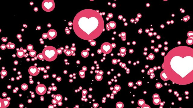 Social media loop of animated flying like hearts on black screen isolated background.