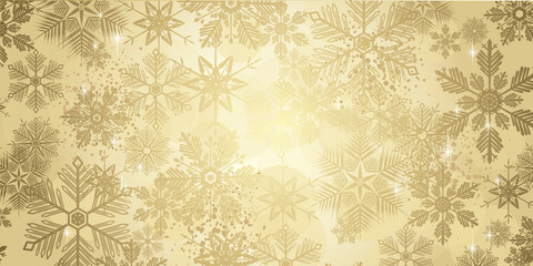 Gold winter snowflakes on a golden background - Merry Christmas and winter snow design banner