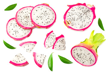 Sliced Ripe Dragon fruit with green leaves isolated on white background. Pitaya or Pitahaya Top view
