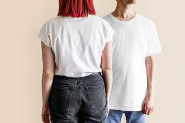 Man and woman in white t-shirt jeans
