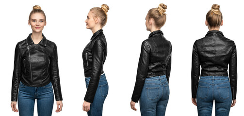 Woman posing in black leather jacket isolated on white background