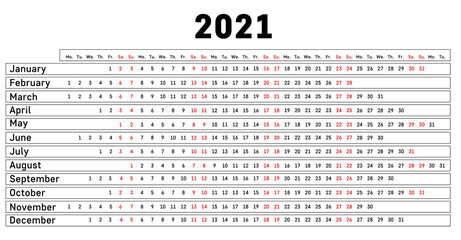 2021 calendar linear. Vector. Yearly calendar planner.