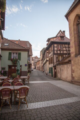 A colourful street in the town of Ribeauville (Alsace, France).