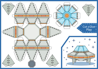 Cut and glue the paper a spaceship UFO. Crafts activity page. Worksheet with funny education riddle. Children art game. Create toys spaceship. 3d gaming puzzle. Birthday decor. Vector illustration. © Betswork