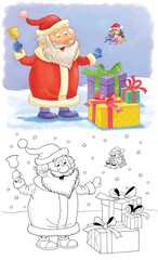 Winter. New Year. Christmas. Illustration for children. Coloring page. Cute and funny cartoon characters