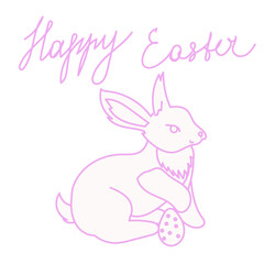 Cute Easter Bunny with egg sitting on a beautiful pink background. Bunny in line colour style