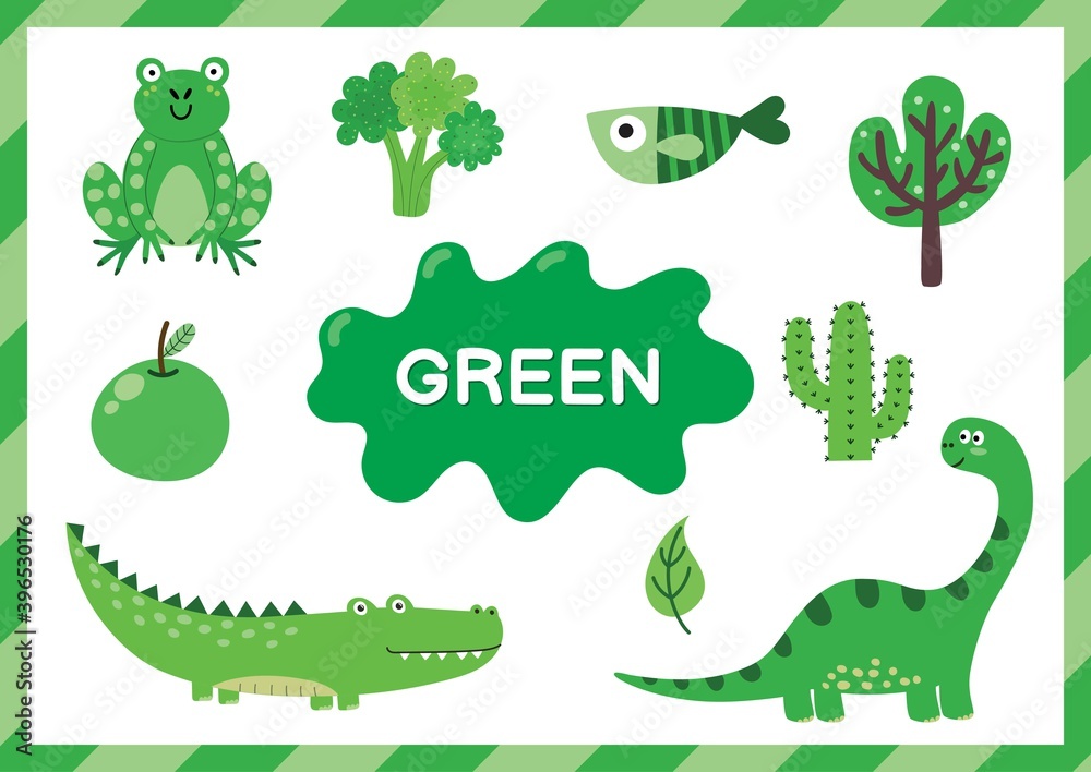 Wall mural learning the color green. educational poster for kids. primary color