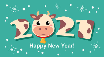 Sign 2021 with cow face. Bull. Simbol of chinese new year