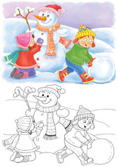 Winter. New Year. Christmas. Illustration for children. Coloring page. Cute and funny cartoon characters