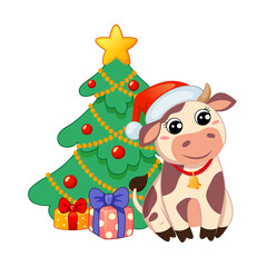 Obraz na płótnie Canvas Cute cartoon cow in Santa Claus hat sitting near new year tree and Christmas gifts