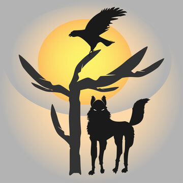 Forest animals. Silhouette of a wolf and a crow flying up from a tree against the backdrop of a huge sun at sunset. Vector illustration of Scandinavian myths. The raven is a symbol of the night. 