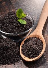 Composition with bowl of poppy seeds on wooden table