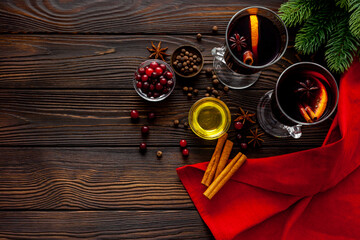Mulled wine recipe - ingredients for Christmas hot drink in glasses