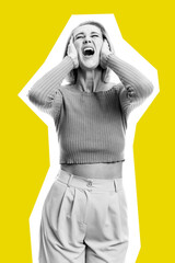Young blond woman emotionally shouts. Black and white photo. Bright yellow background. Vertical.