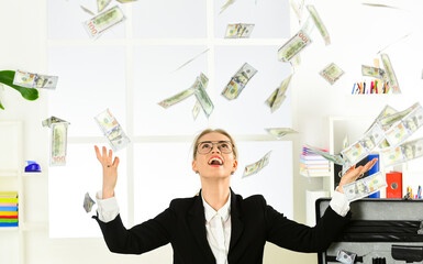 Money for happiness. Cash flow. Passive income. Woman enjoy money falling from above. Passive...
