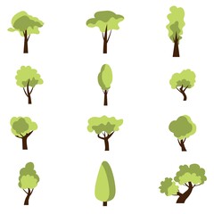 Collection of cartoon trees island with leaves. Orchard, fruit plants, shrubs bushes. Forest line pines, cypresses, thuja, maple, oak, poplar. Set of garden yard silhouettes. Vector illustration