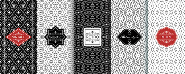 Set of Seamless geometric stylish texture. Classic Art Deco seamless pattern. Abstract retro texture. Vintage Islamic wallpaper. Lattice graphic design. Vector modern tiles pattern in black, white. - 396532526