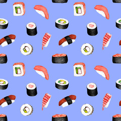 Watercolor Hand Drawn Illustration Seamless Pattern Print Japanese Asian Food Sushi Sashimi Maki Roll Set Blue Background