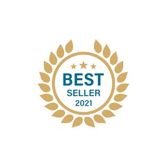 Colored illustration of laurel wreath, stars, text, circle on a white background. Vector illustration for logo, emblem, badge, sticker. Best seller of the year award badge.