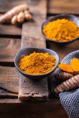 Turmeric root curcuma longa powder, superfood, spices