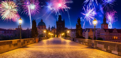 Papier Peint photo autocollant Pont Charles Fireworks display over the Charles bridge in Prague, Czech Republic