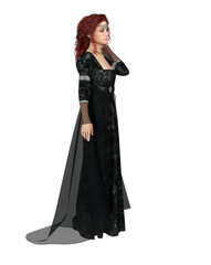 Noble woman standing in historical dress isolated on white. 3D rendering.