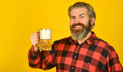 Happy birthday concept. Make sip. Leisure and celebration. Man drinking beer in pub. Beer brewery. Hipster drink beer. Celebrate with alcohol. Adding joy in life. Mature bearded man hold beer glass