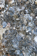 Diverse colored quartz rock in cut of the earth. Deposits of gray, white, orange quartz. Untreated semi-precious stones of  chalcedony variety in various stone deposits and layers of different rocks.