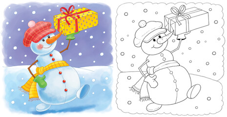 Winter. New Year. Christmas. Illustration for children. Coloring page. Cute and funny cartoon characters